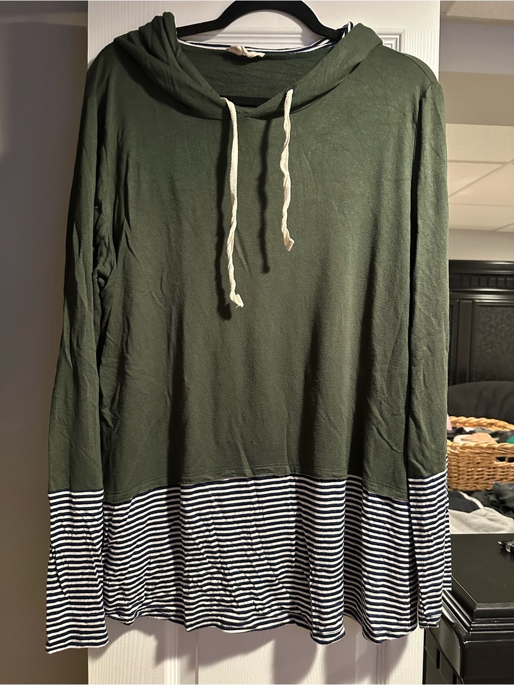 Women's Olive Green Hooded Pullover with Striped Hem